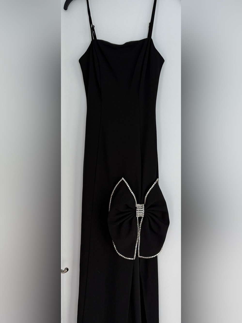 NWT Black Formal Wedding Prom Cocktail Dress Rhinestone Bow XS -1 Adjustable Stp